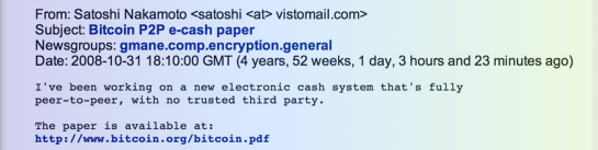 Опубликованный Сатоши Накамото на bitcoin.org документ “Биткоин: Одноранговая электронная платежная система”